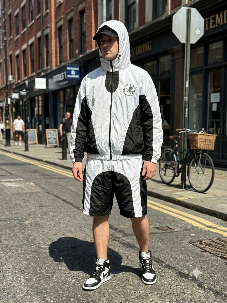 Unisex Black & White Nylon Track Suit with Jacket & Shorts