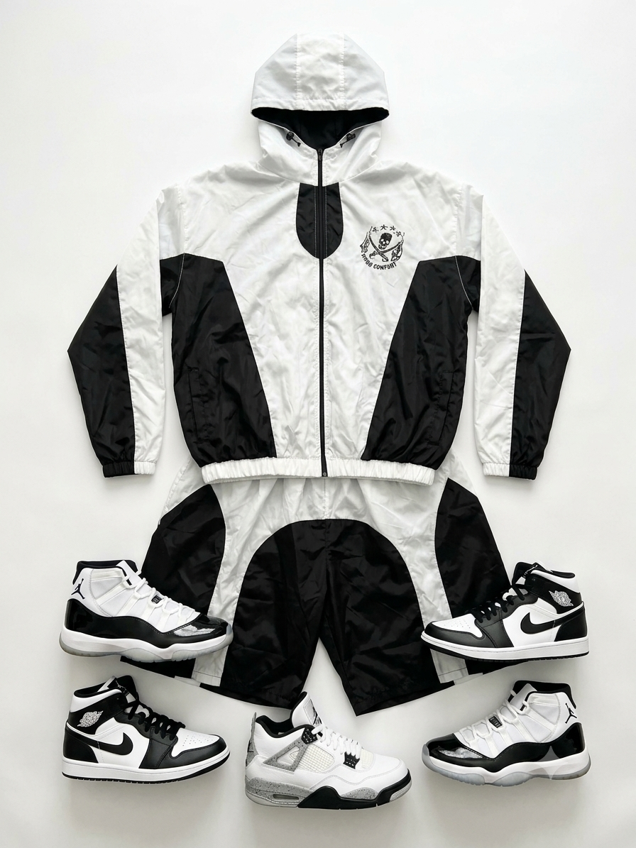 Unisex Black & White Nylon Track Suit with Jacket & Shorts