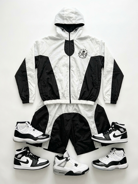 Unisex Black & White Nylon Track Suit with Jacket & Shorts