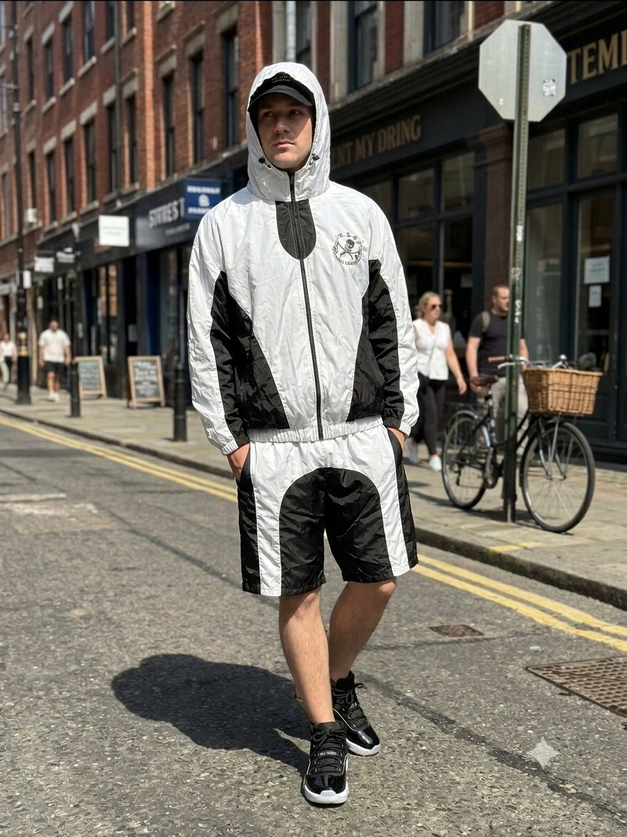 Unisex Black & White Nylon Track Suit with Jacket & Shorts