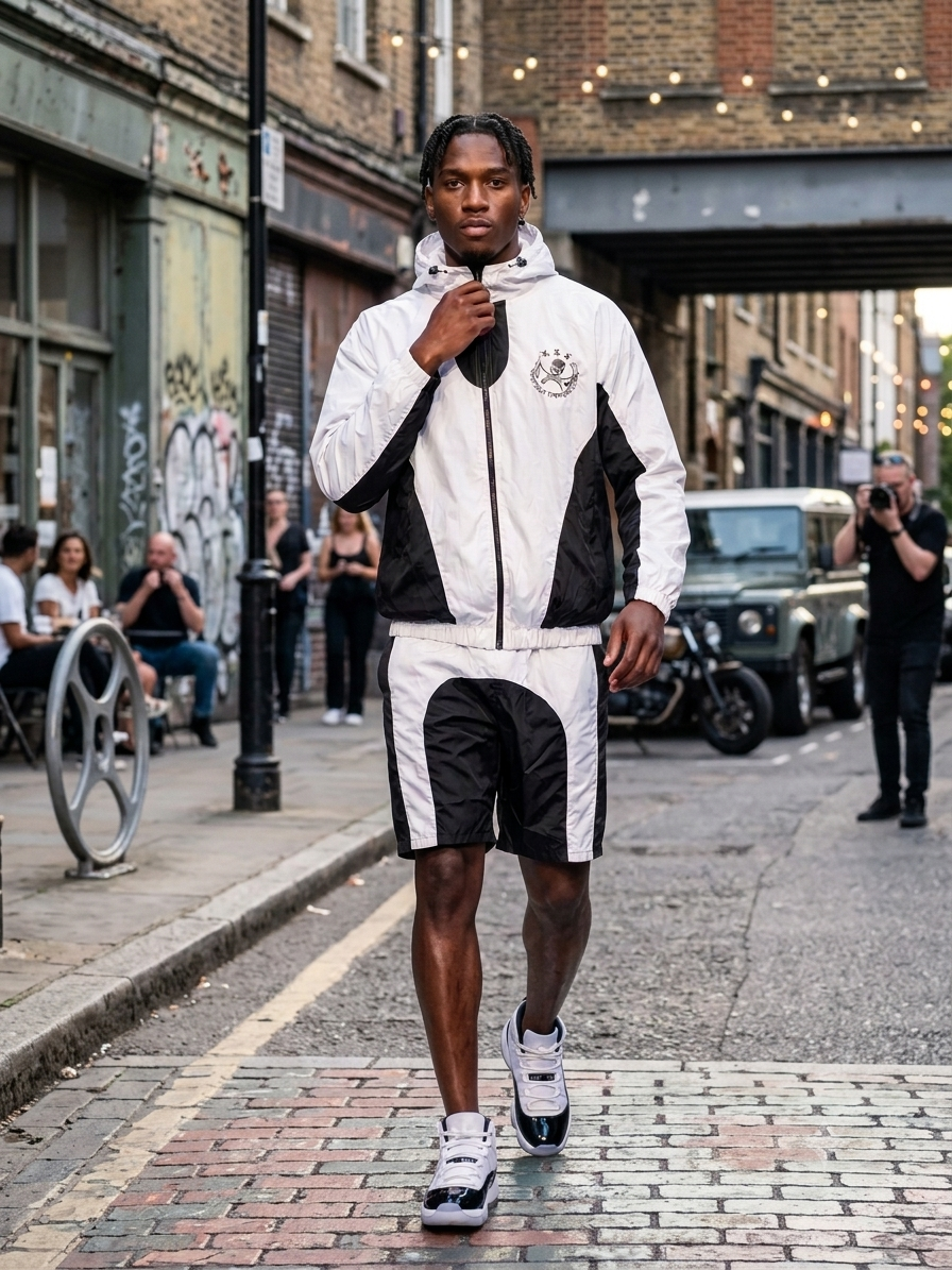Unisex Black & White Nylon Track Suit with Jacket & Shorts