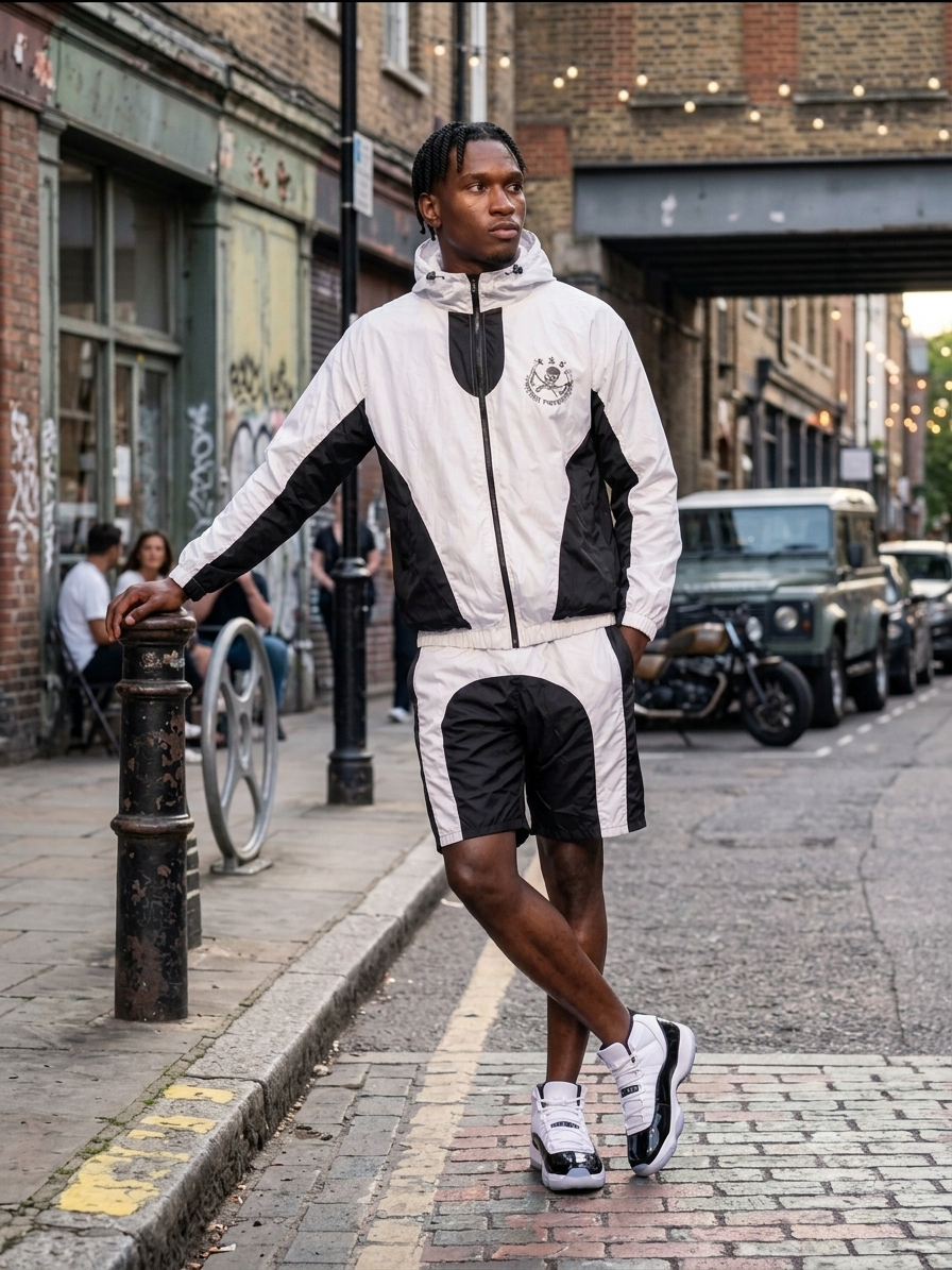 Unisex Black & White Nylon Track Suit with Jacket & Shorts