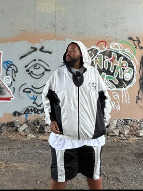Unisex Black & White Nylon Track Suit with Jacket & Shorts